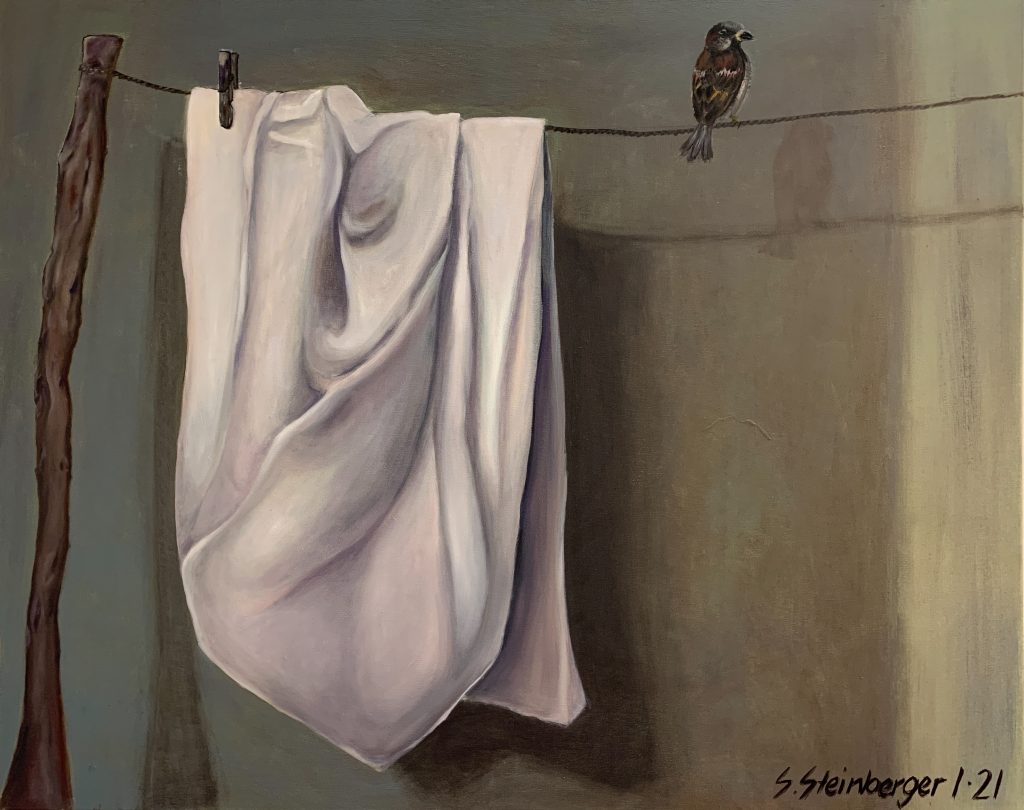 Tuch mit Spatz , Acryl auf Leinwand, 80 cm x 100 cm